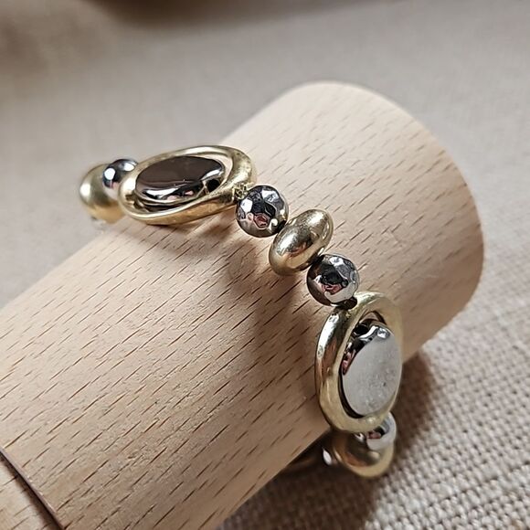 Funky 90s Two Tone Mixed Metal Stretch Bracelet - Silver & Soft Gold - Picture 5 of 9